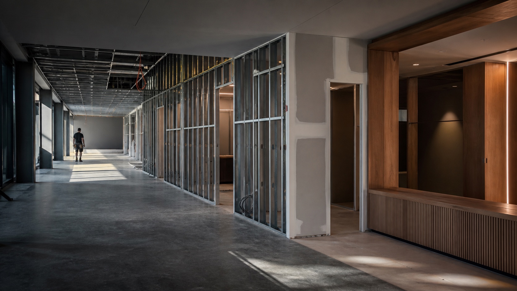 Steel partition framing, plasterboard linings and finished carpentry inside a commercial fitout