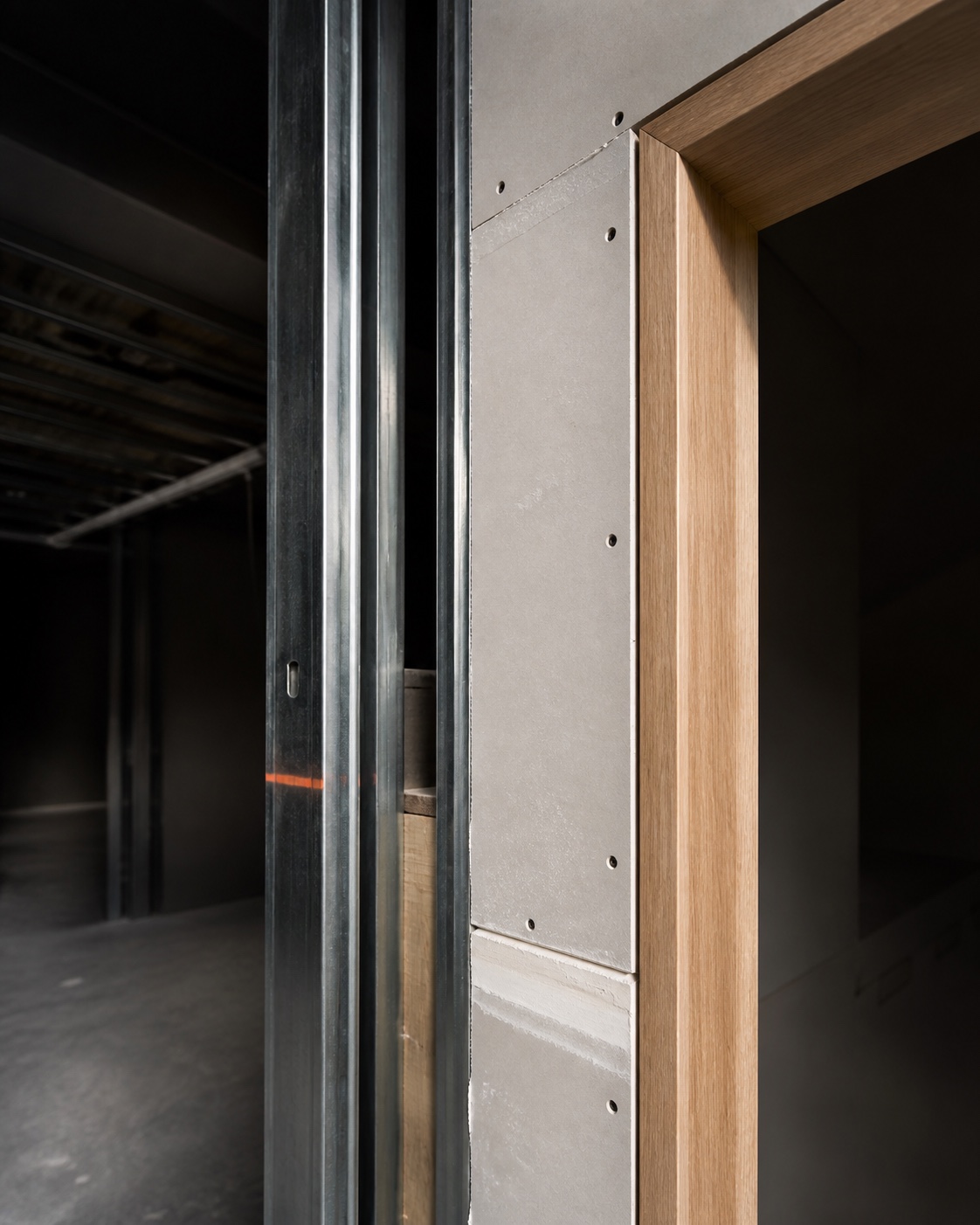 Metal framing, plasterboard lining and timber reveal detail